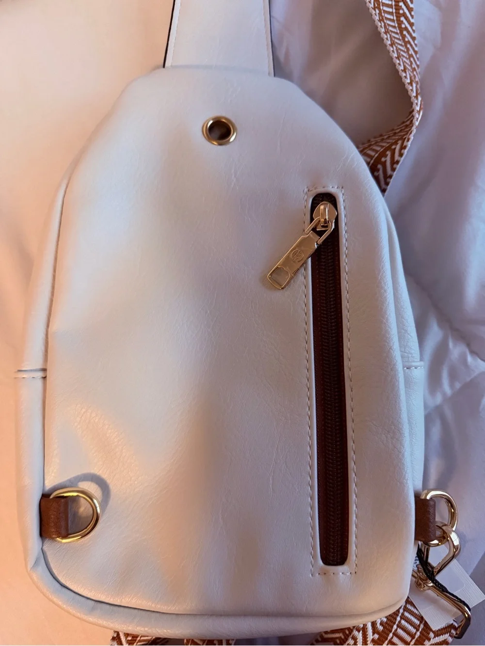Bostanten Cream Crossbody Sling Bag with Brown Trim